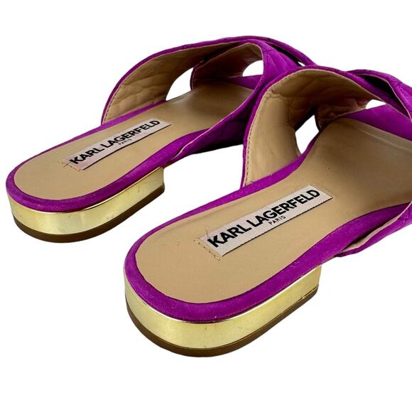 Karl Lagerfeld Rae Magenta Purple Suede Leather Quilted Open Toe Slide Sandals - Picture 9 of 11
